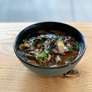 Vegan dashi made with shiitake mushroom, kombu and sweet potato purée at Chewology in Kansas City