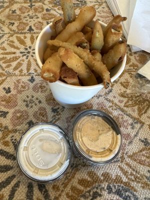 Pickle fries with ranch and jalapeño crema   at Wizard Burger in Albany