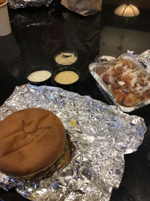 Burger, loaded chik’n tots, ranch, and jalepeno cream dipping sauce!  at Wizard Burger in Albany