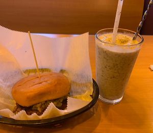 Green Goblin Burger (not too spicy) & Maple Oreo Shake  at Wizard Burger in Albany