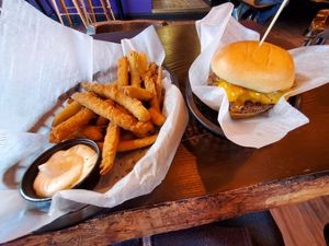 Fried pickles and magicano burger at Wizard Burger in Albany
