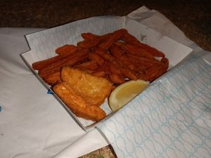 Vegan Fish and Sweet Potato Chips at Hunky Dory in Byron Bay