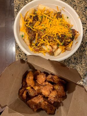 Bloomies and chili cheese fries  at PLNT Burger in Jenkintown