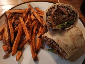 Seitan shawarma with sweet potato fries at The Chop Shop in Butler