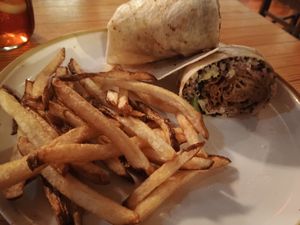 Seitan shawarma with fries at The Chop Shop in Butler