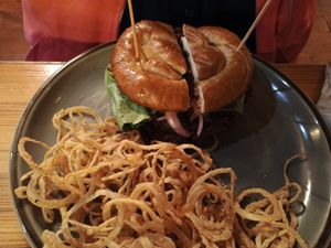 Lentil burger with onion strings at The Chop Shop in Butler