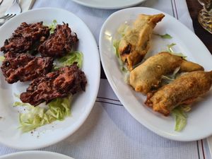Onion bhaji and fried chilli peppers at Spicy Affair  in Lanzarote