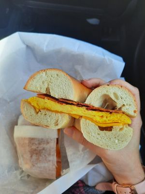 Bagel with Just Egg, vegan cheese, and "plant-based" bacon, which turned out to only be vegetarian. at Bagels Your Way in Medford
