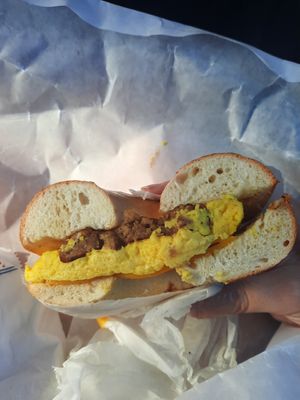 Bagel sandwich with vegan sausage, Just Egg, and vegan cheese. at Bagels Your Way in Medford