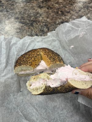 Strawberry tofu cream cheese on a poppy seed bagel at Bagels Your Way in Medford