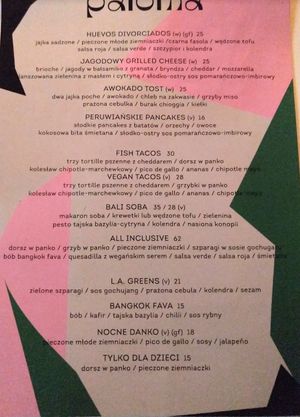 menu at Paloma nad Wisłą in Warsaw