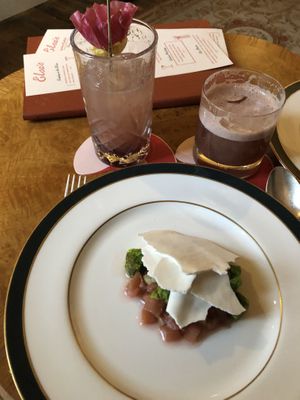 Vegan dessert- including Aquafaba meringue, and a vegan cocktail from their adjacent cocktail bar at The Clunie Dining Room in Ballater