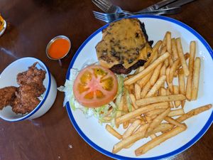 Double cheeseburger with Hendo's fries and a side of buffalo 'chicken' wings at The Old House in Sheffield