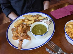 Tofu-'fish' with Hendo's chips and mushy peas. The tartar sauce was particularly delicious at The Old House in Sheffield