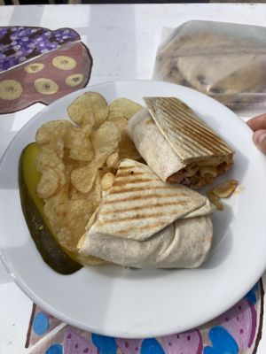 Full meal - mac wrap w chips/pickle at Take Two Cafe in Schenectady