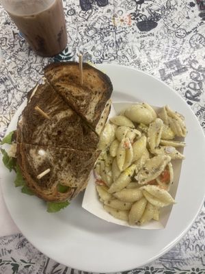 Triple decker club and macaroni salad  at Take Two Cafe in Schenectady