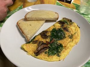 Build Your Own Omelette (spinach, mushroom, bacon, and cheddar) with sourdough toast    at Take Two Cafe in Schenectady
