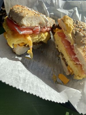 Breakfast sandwich with tomato and egg and sausage and cream cheese #Veganuary at Take Two Cafe in Schenectady