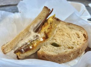 The Night Out, my favorite (bacon, egg, cheddar cheese, and cream cheese on red hot chili pepper bread)  at Take Two Cafe in Schenectady