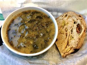 Zuppa toscana soup (on special) with toasted red hot chili pepper bread  at Take Two Cafe in Schenectady