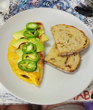 Spicy southwestern omelette with red hot chili pepper bread at Take Two Cafe in Schenectady