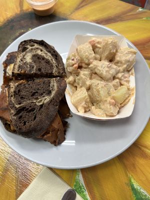 Reuben and chipotle potato salad also deliciouss  at Take Two Cafe in Schenectady