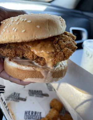 Amazing chicken sandwich with Butcher’s sauce   at Herbie Butcher's Fried Chicken in Minneapolis
