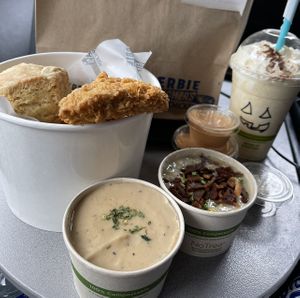Fried chicken bucket with mashed potatoes and gravy and bacon creamed corn  at Herbie Butcher's Fried Chicken in Minneapolis