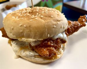 Yummy Buffalo Chicken Sandwich with pickles and ranch 💚  at Herbie Butcher's Fried Chicken in Minneapolis