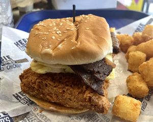 Dragon Dusted Chicken with JUST Egg, mayo, HB queso, and 2 strips HB bacon. Really tasty💚  at Herbie Butcher's Fried Chicken in Minneapolis