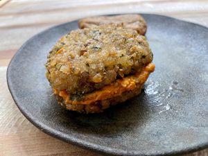 Pesto and butternut squash rice cake at Brota in Rio De Janeiro