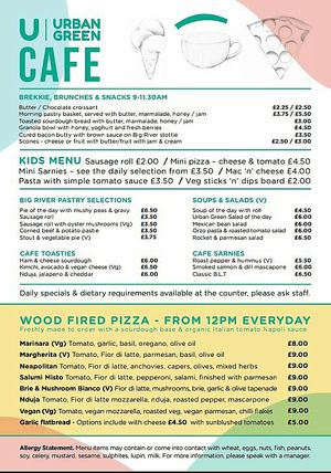 Food menu at Urban Green Cafe in Newcastle Upon Tyne