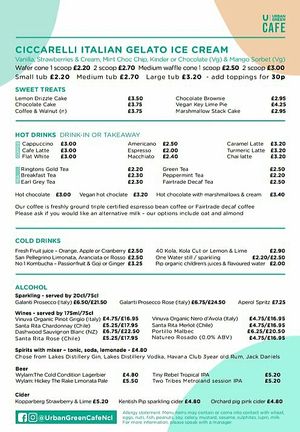 Drinks menu at Urban Green Cafe in Newcastle Upon Tyne