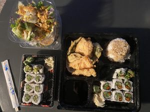 Our option for a dinner combination - I chose two salads since we can’t eat the soup, the two veggie rolls listed as options, and then asked for tempura veggies minus the shrimp. at Tora Sushi Lounge in Tillamook