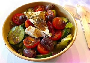 A bowl of Greek Salad, at $12.  Also very tasty.  The vegan 'cheese' is very nice. at Nuthin Fyshy in Leederville