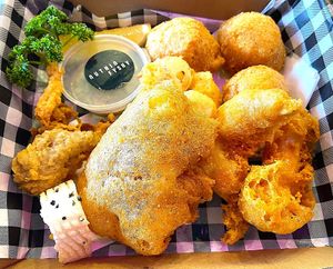 The Fisherman's Basket with dipping sauce, at $18.  Very tasty.  Salad or chips are extra. at Nuthin Fyshy in Leederville