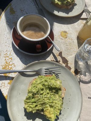 avo toast and oat cappuccino  at Kaffee Frech in Zug