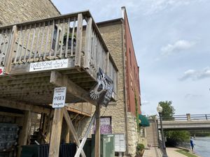 From the Fox River - walk up the wooden stairs to the back entrance or the cement stairs to the front entrance. Reopening for indoor dining on June 1st, 2021 at Limestone Coffee & Tea in Batavia