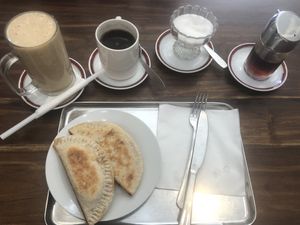 Dates frappé with veg milk, spicy coffee and “roti” with almonds and coconut at AVM Cream House in Weligama