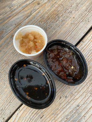 Condiments: spicy Indonesian soy sauce that came with the saoto, spicy chutney and Surinamese sambal. at Geeta's Keukentje in Goes