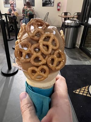 Vanilla soft serve with cookie batter and pretzels   at Simons Says Dip This in Durham