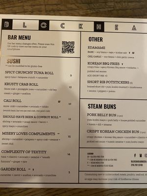 Menu, vegan options clearly labeled or noted can be made vegan at Blockhead Beerworks in Valparaiso