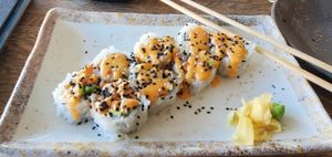 Vegan Harvest Roll w/bang bang sauce, fresh shaved ginger & wasabi at Blockhead Beerworks in Valparaiso