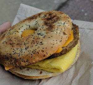 Plant-Based Warm Breakfast Sandwich with JUST egg, Beyond sausage and vegan cheese. at Peet's Coffee in Chicago