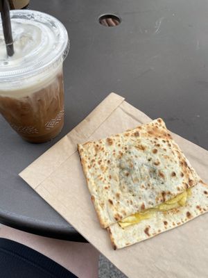 Vegan flatbread and oat milk foam cold brew  at Peet's Coffee in Chicago