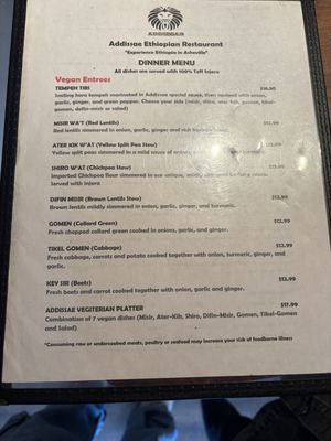 Vegan menu  at Addissae in Asheville