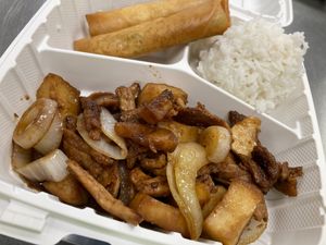 Adobo with soy chicken & lumpia meal (vegan) at Roll The Veg in Sault Ste Marie