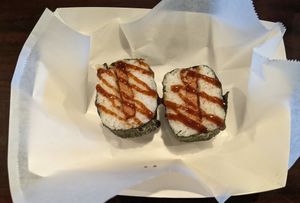 Musubi with oysterless sauce at Roll The Veg in Sault Ste Marie