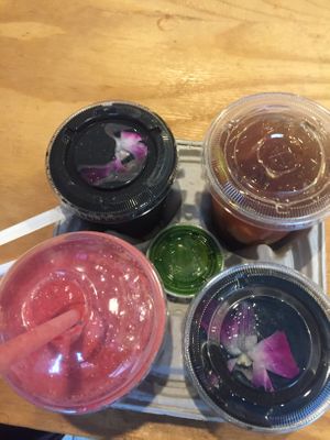 Black beauties, cinnamon, and iced t with boot strap molasses and a shot  at Fresh Remedy in Brooklyn