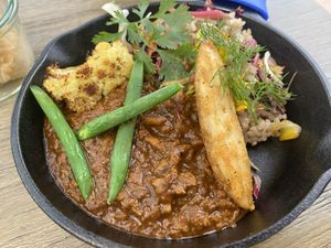 This particular dish was vegetarian. Curry and  brown rice.  at Flower Park in Ishioka